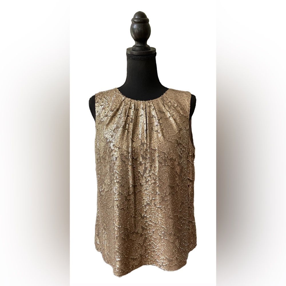 Jones New York: Golden Silk Metallic Foil Crackle Pleated Blouse